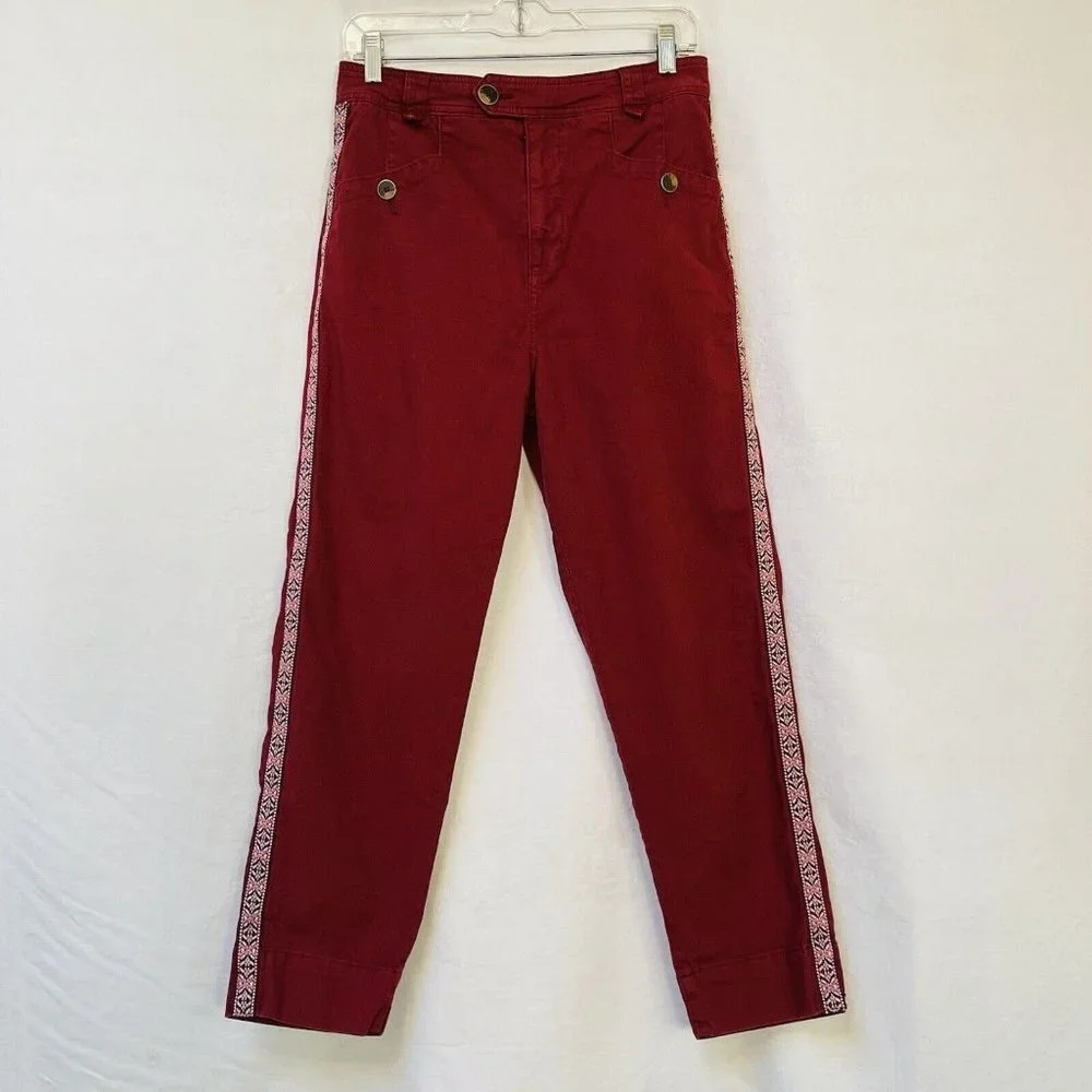 Anthropologie High Rise Pants Womens 4 Maroon Embroidered Side Strip Office Boho